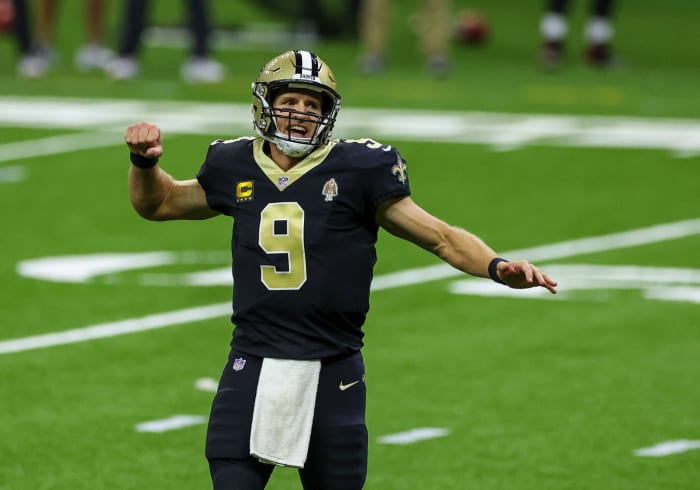 Sep 13, 2020; New Orleans, Louisiana, USA; New Orleans Saints quarterback Drew Brees (9) celebrates after throwing a touchdown during the fourth quarter against the Tampa Bay Buccaneers at the Mercedes-Benz Superdome